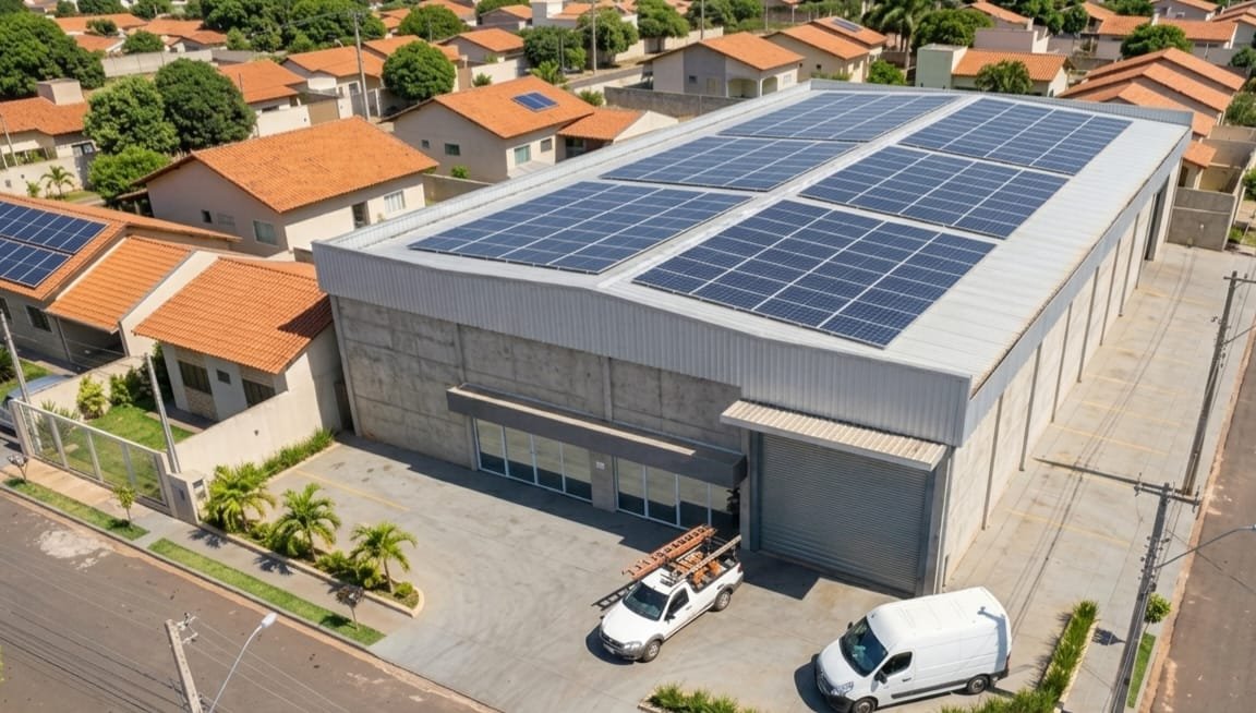 Usina solar instalada no telhado de um galpão comercial